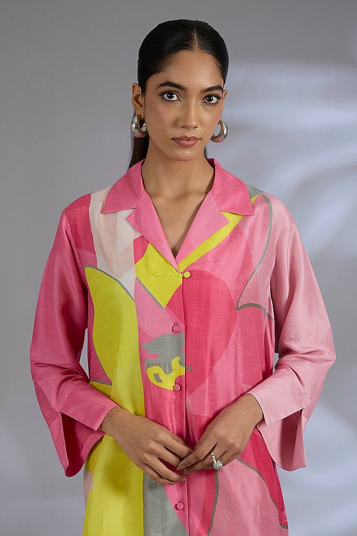 Pink Dupion Silk Asymmetrical Kurta Set by CLOS at Pernia's Pop Up Shop