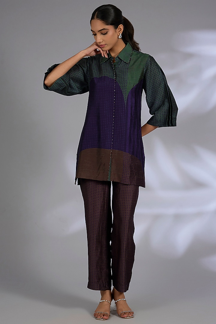 Blue Dupion Silk Asymmetrical Kurta Set by CLOS at Pernia's Pop Up Shop
