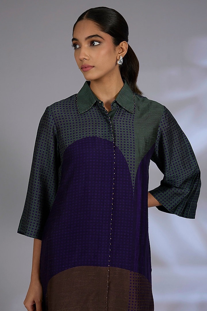 Blue Dupion Silk Asymmetrical Kurta Set by CLOS at Pernia's Pop Up Shop