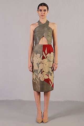 Wine & Grey Dupion Silk Halter Dress by CLOS