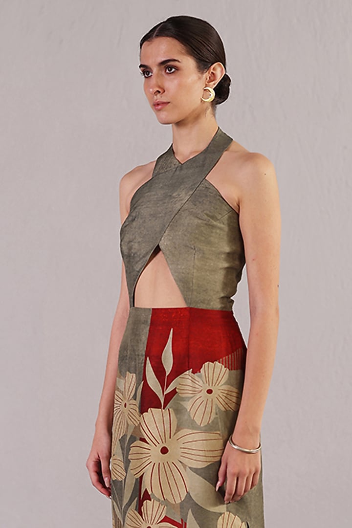 Wine & Grey Dupion Silk Halter Vacation Dress by CLOS at Pernia's Pop Up Shop