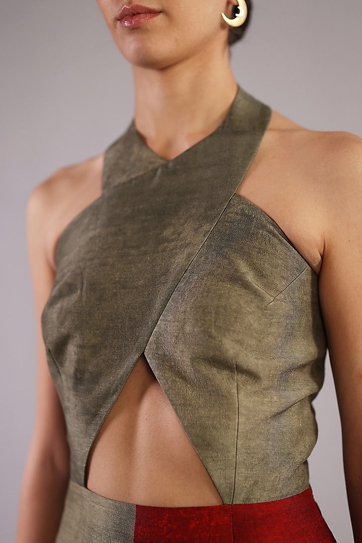 Wine & Grey Dupion Silk Halter Vacation Dress by CLOS at Pernia's Pop Up Shop