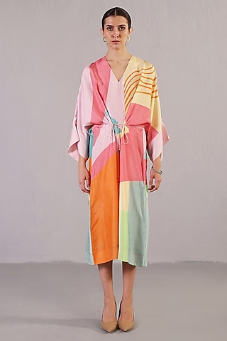 Multi-Colored Dupion Silk Kaftan Dress With Belt by CLOS