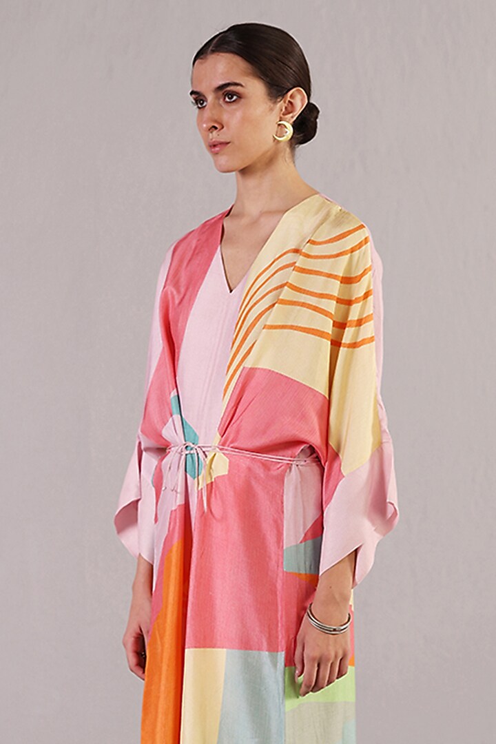 Multi-Colored Dupion Silk Kaftan Dress With Belt by CLOS at Pernia's Pop Up Shop