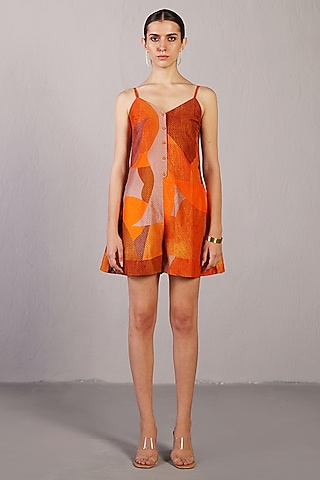 Orange & Rust Dupion Silk Playsuit by CLOS
