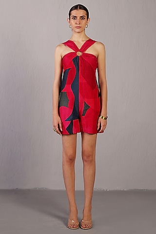 Black & Red Dupion Silk Playsuit by CLOS