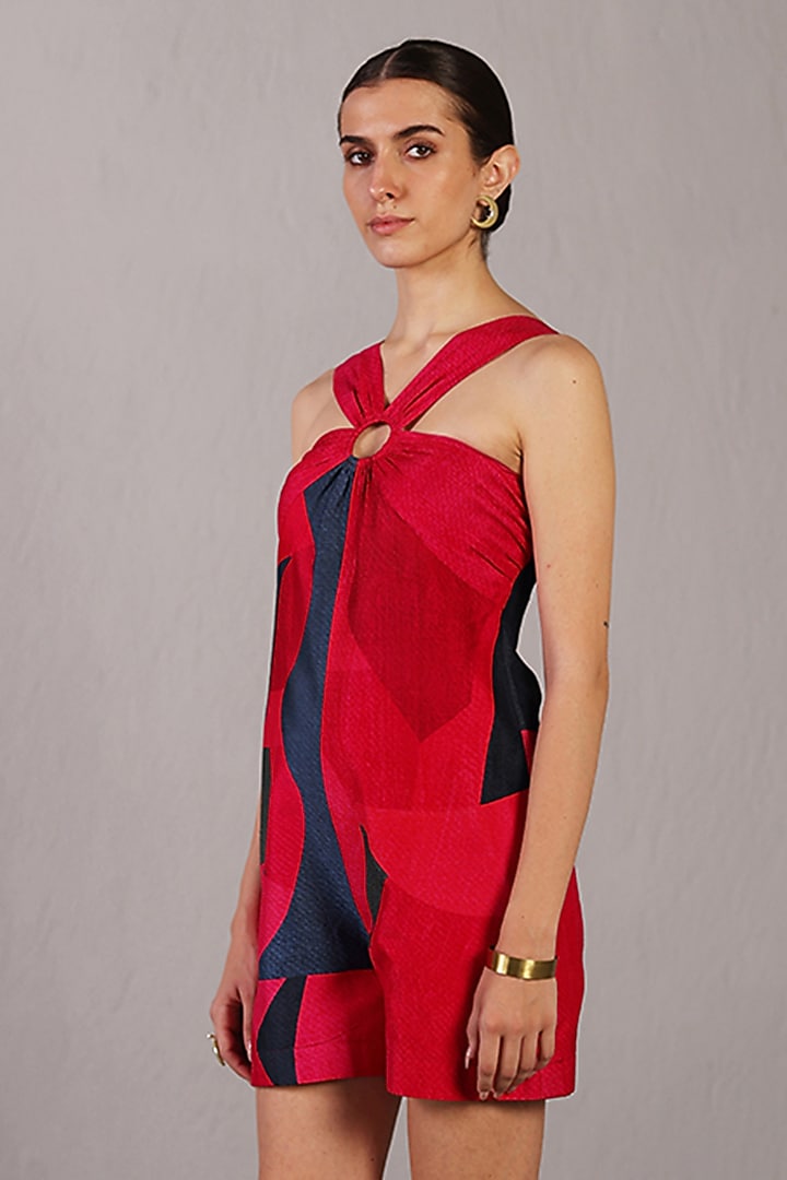 Black & Red Dupion Silk Playsuit by CLOS at Pernia's Pop Up Shop
