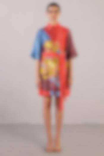 Red & Blue Dupion Silk Mini Summer Dress With Belt by CLOS at Pernia's Pop Up Shop