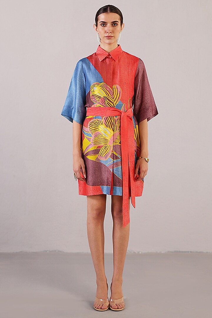 Red & Blue Dupion Silk Mini Summer Dress With Belt by CLOS at Pernia's Pop Up Shop