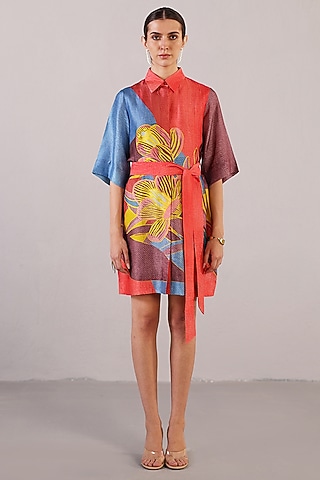 Red & Blue Dupion Silk Mini Dress With Belt by CLOS