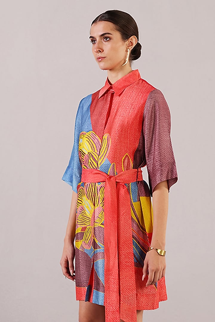 Red & Blue Dupion Silk Mini Vacation Dress With Belt by CLOS at Pernia's Pop Up Shop