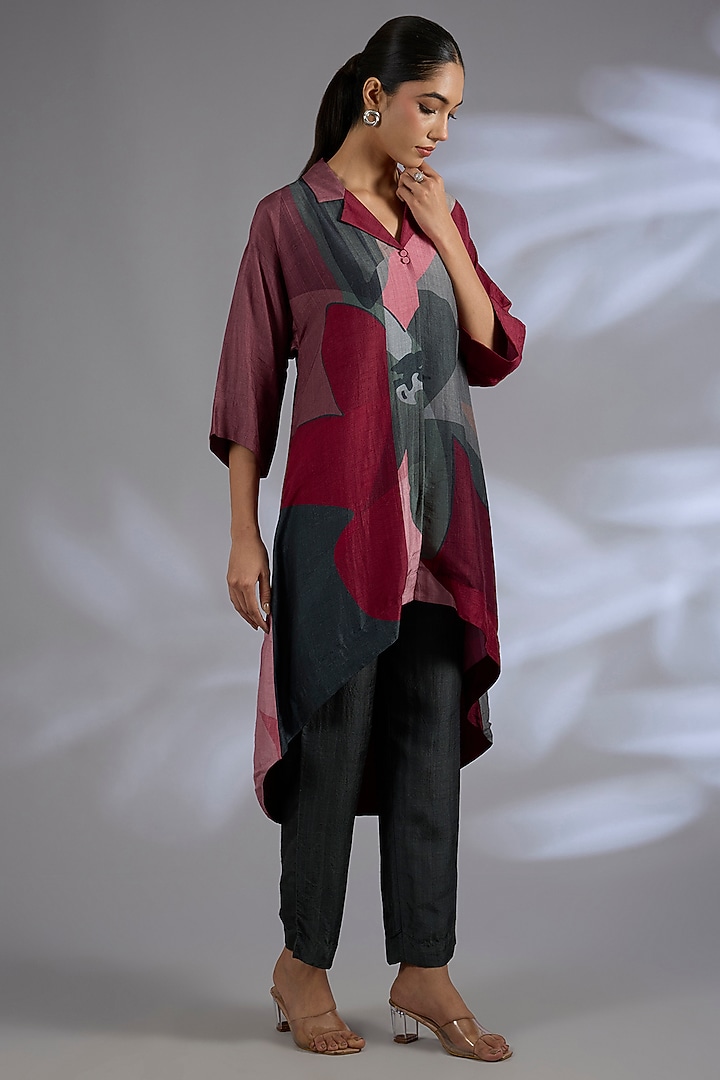Maroon Dupion Silk Asymmetrical Kurta Set by CLOS at Pernia's Pop Up Shop