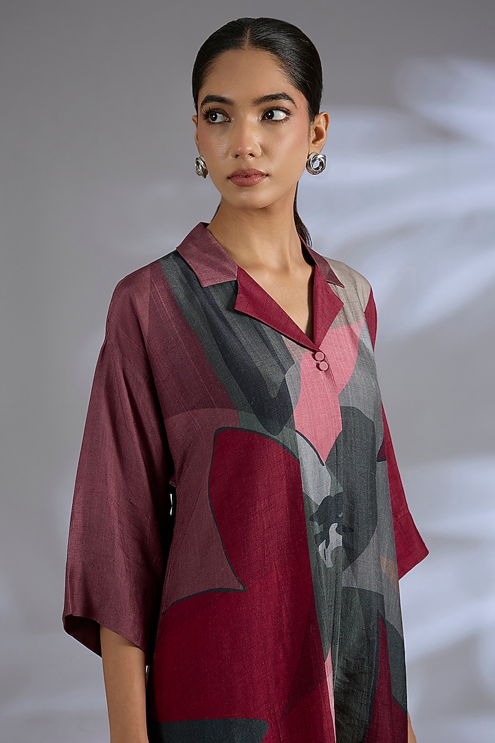 Maroon Dupion Silk Asymmetrical Kurta Set by CLOS at Pernia's Pop Up Shop