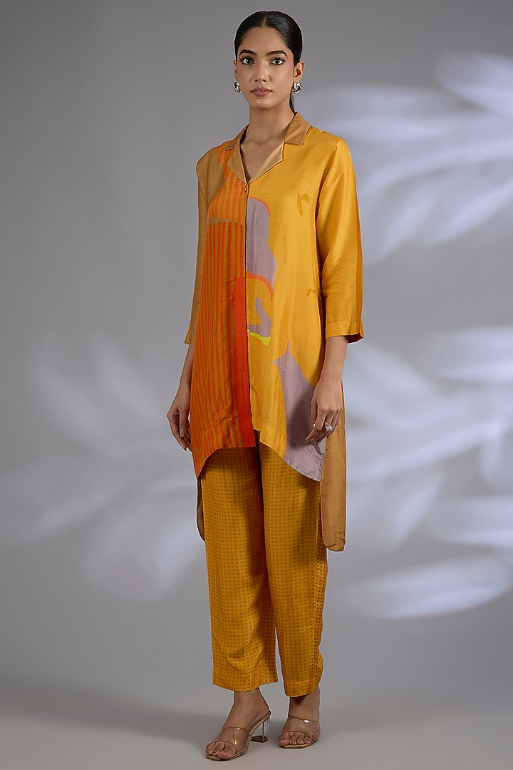 Orange Dupion Silk Asymmetrical Kurta Set by CLOS at Pernia's Pop Up Shop