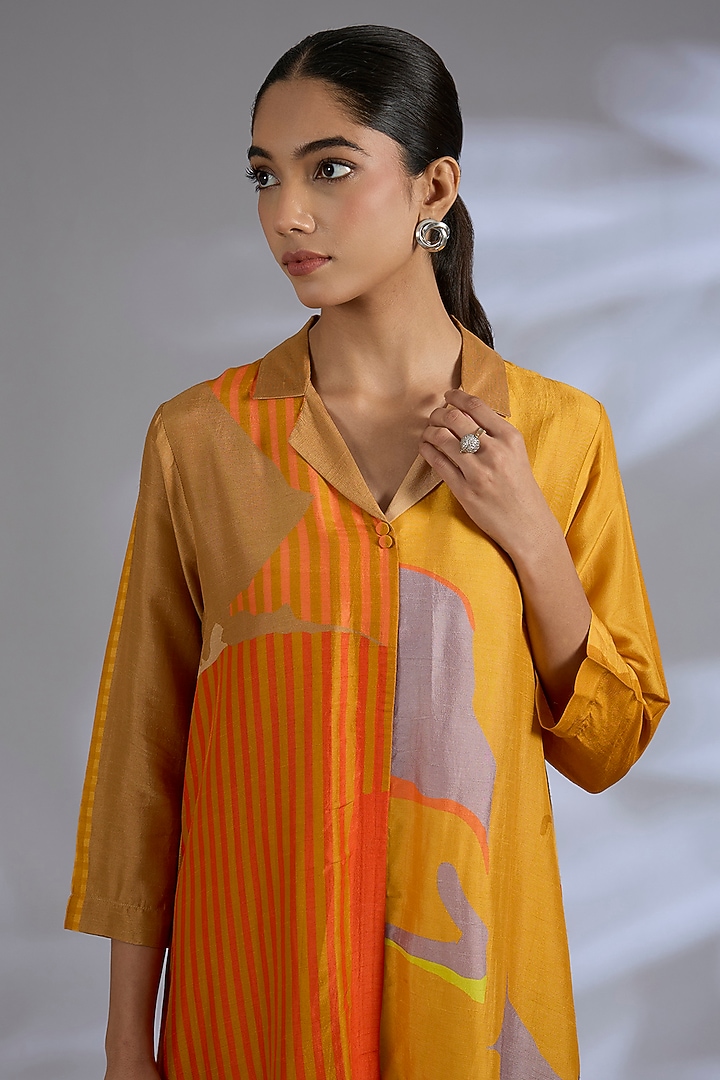 Orange Dupion Silk Asymmetrical Kurta Set by CLOS at Pernia's Pop Up Shop