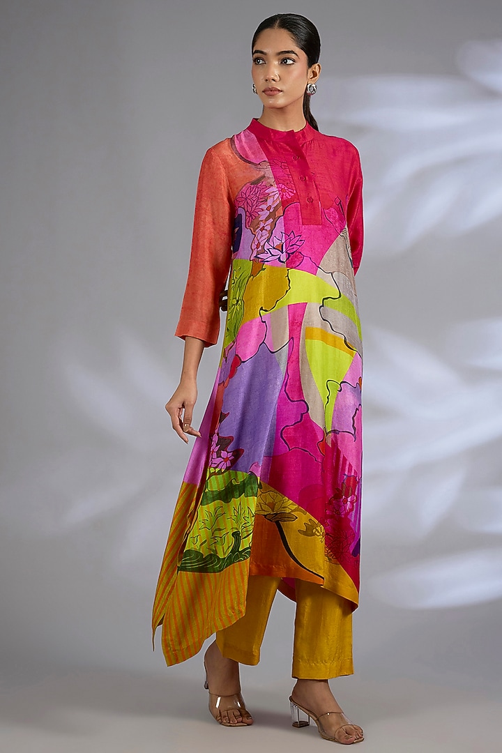Multi-Colored Dupion Silk Asymmetrical Kurta Set by CLOS at Pernia's Pop Up Shop