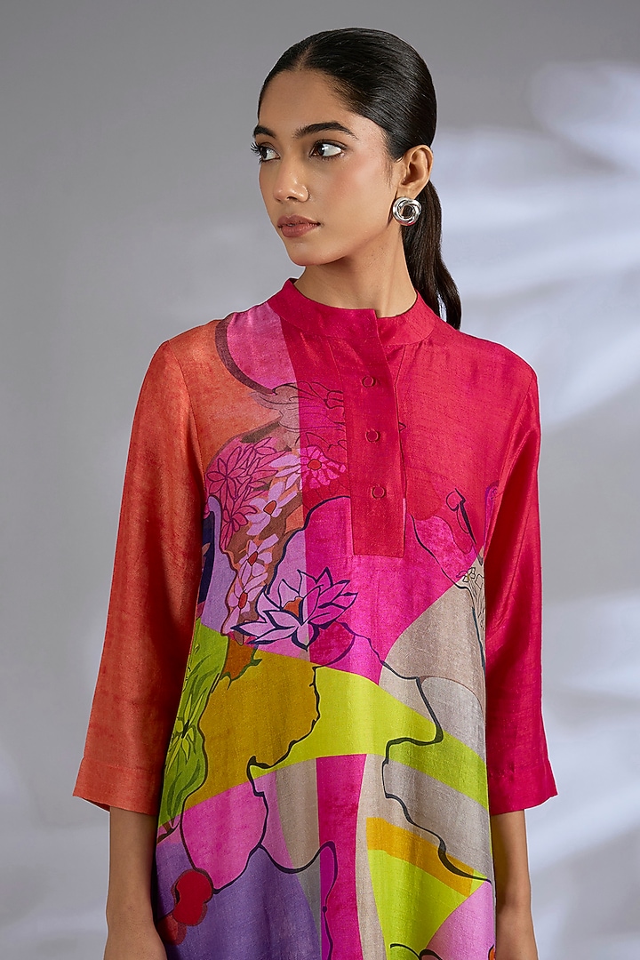 Multi-Colored Dupion Silk Asymmetrical Kurta Set by CLOS at Pernia's Pop Up Shop