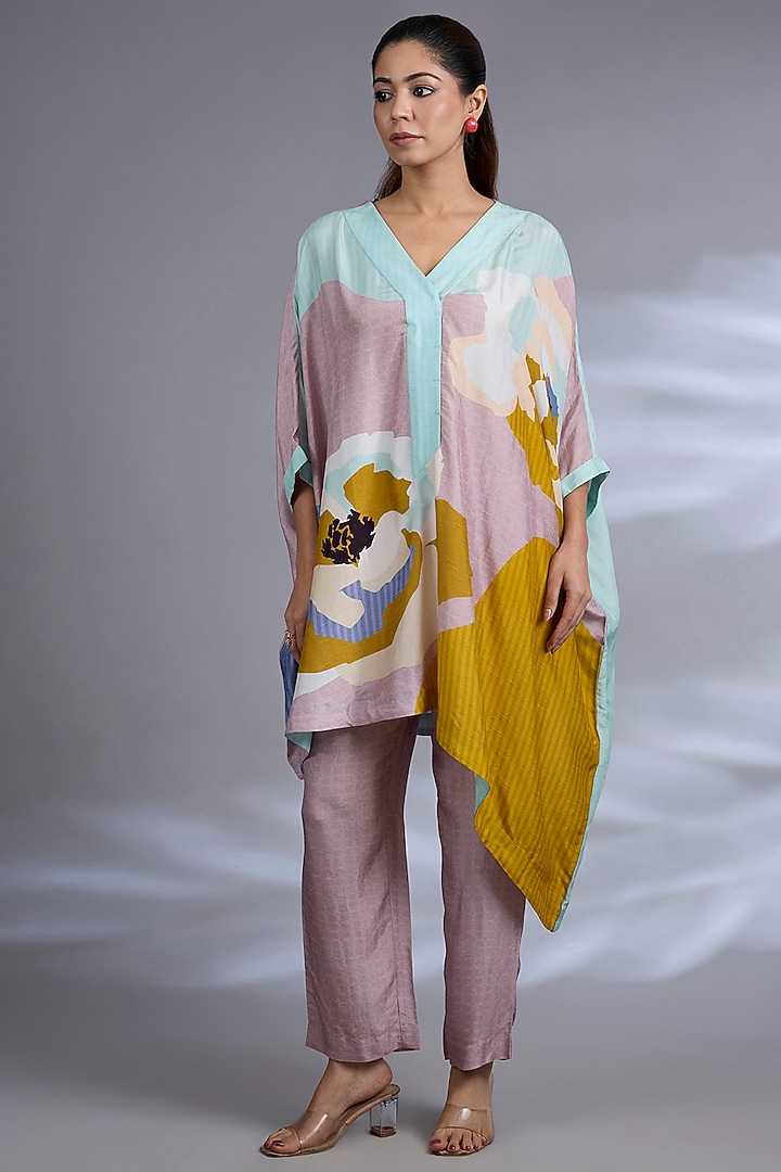 Pink Dupion Silk Asymmetrical Kurta Set by CLOS at Pernia's Pop Up Shop