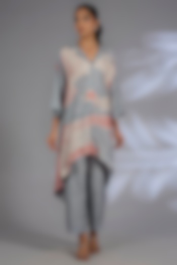 Grey Dupion Silk Asymmetrical Kurta Set by CLOS at Pernia's Pop Up Shop