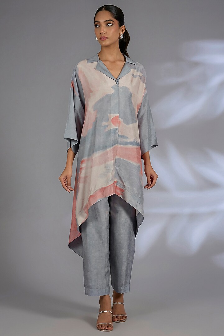 Grey Dupion Silk Asymmetrical Kurta Set by CLOS at Pernia's Pop Up Shop