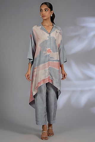 Grey Dupion Silk Asymmetrical Kurta Set by CLOS