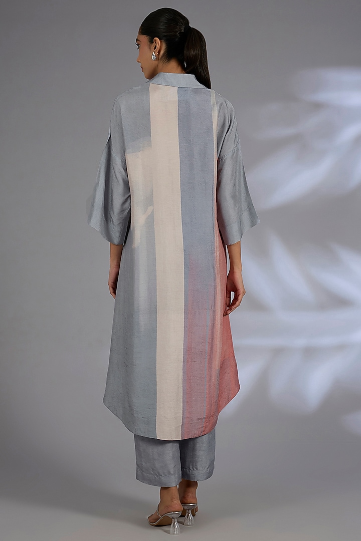 Grey Dupion Silk Asymmetrical Kurta Set by CLOS at Pernia's Pop Up Shop