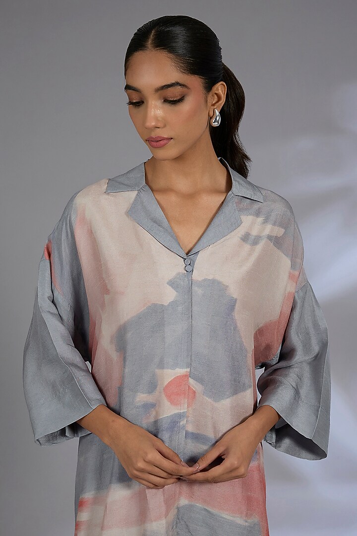 Grey Dupion Silk Asymmetrical Kurta Set by CLOS at Pernia's Pop Up Shop