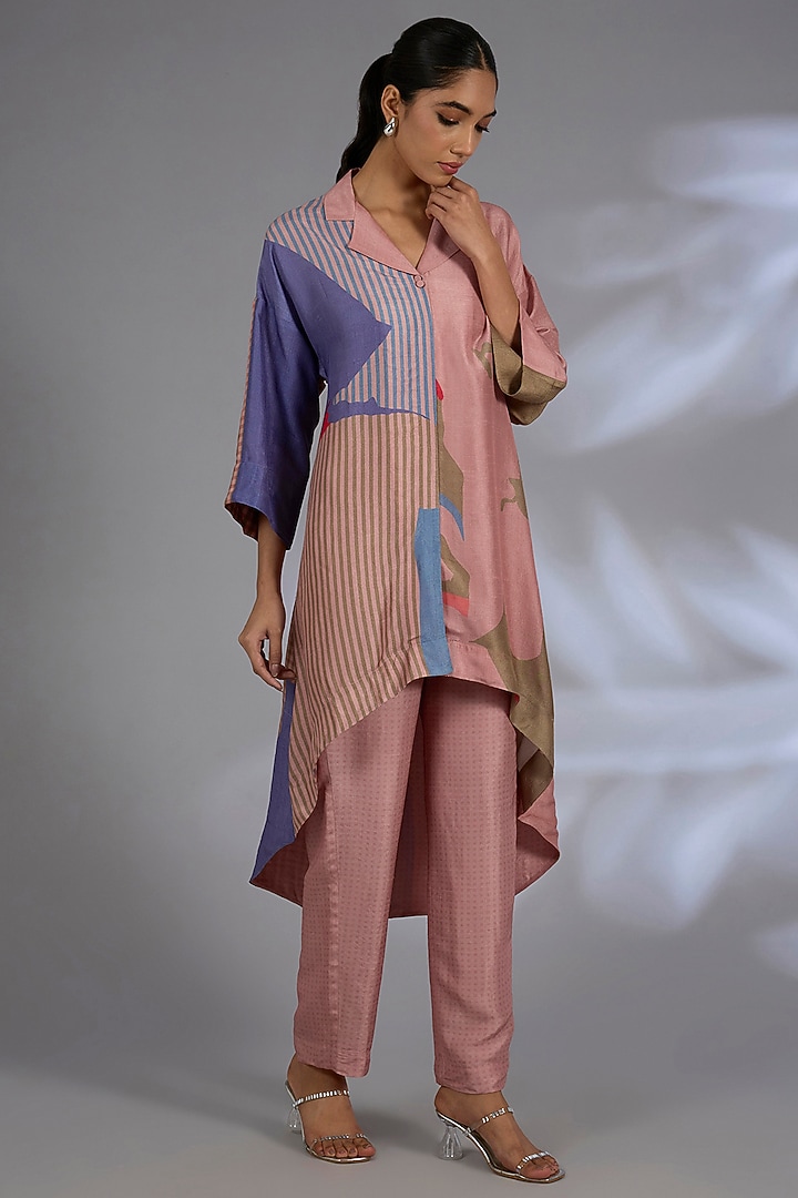 Pink Dupion Silk Asymmetrical Kurta Set by CLOS at Pernia's Pop Up Shop