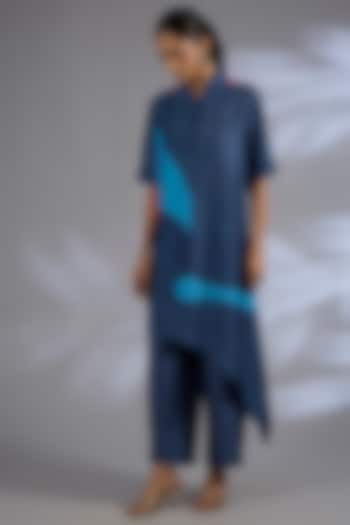 Blue Dupion Silk Asymmetrical Kurta Set by CLOS at Pernia's Pop Up Shop