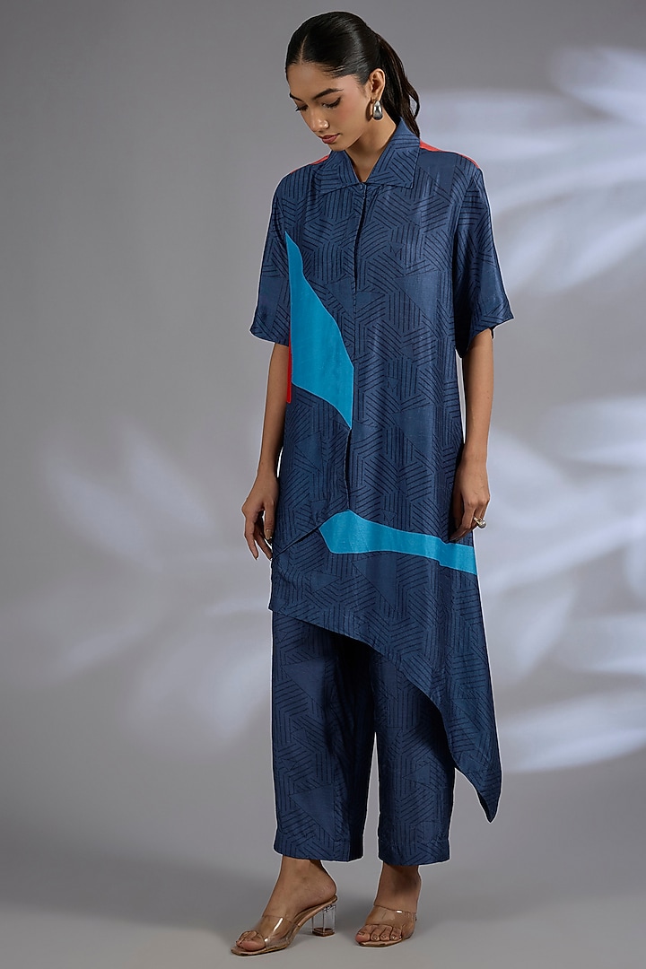 Blue Dupion Silk Asymmetrical Kurta Set by CLOS at Pernia's Pop Up Shop