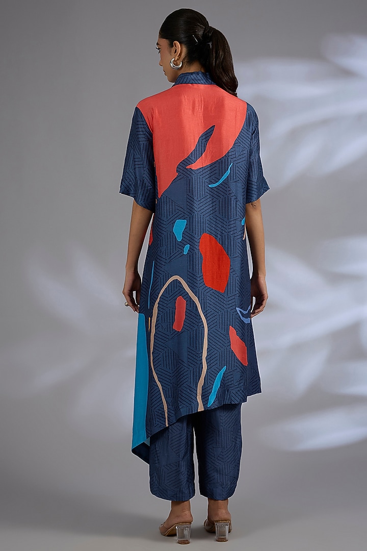 Blue Dupion Silk Asymmetrical Kurta Set by CLOS at Pernia's Pop Up Shop