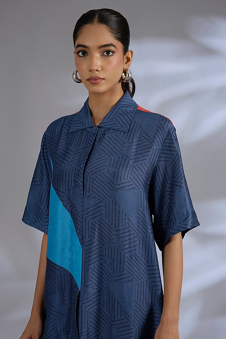 Blue Dupion Silk Asymmetrical Kurta Set by CLOS at Pernia's Pop Up Shop