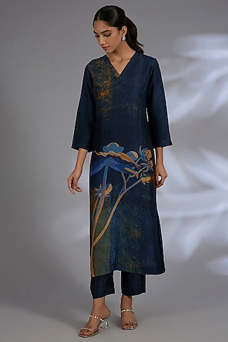 Blue Dupion Silk Kurta Set by CLOS