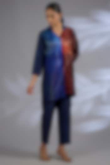 Blue Dupion Silk Asymmetrical Kurta Set by CLOS at Pernia's Pop Up Shop