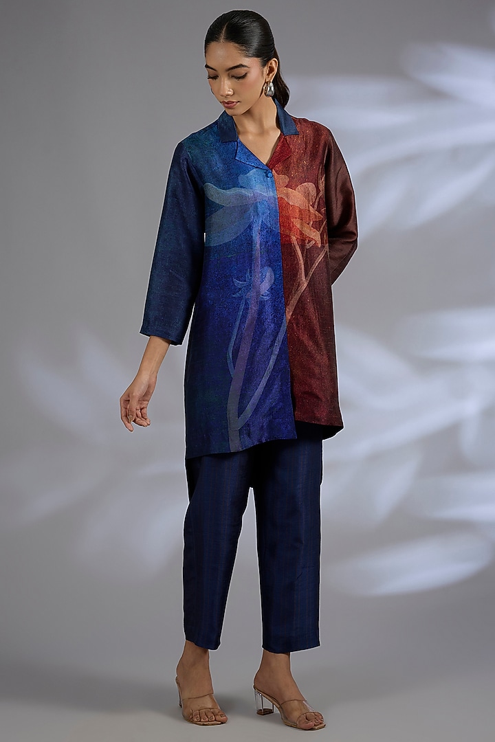 Blue Dupion Silk Asymmetrical Kurta Set by CLOS at Pernia's Pop Up Shop