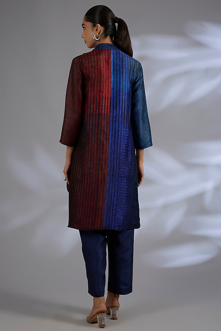 Blue Dupion Silk Asymmetrical Kurta Set by CLOS at Pernia's Pop Up Shop