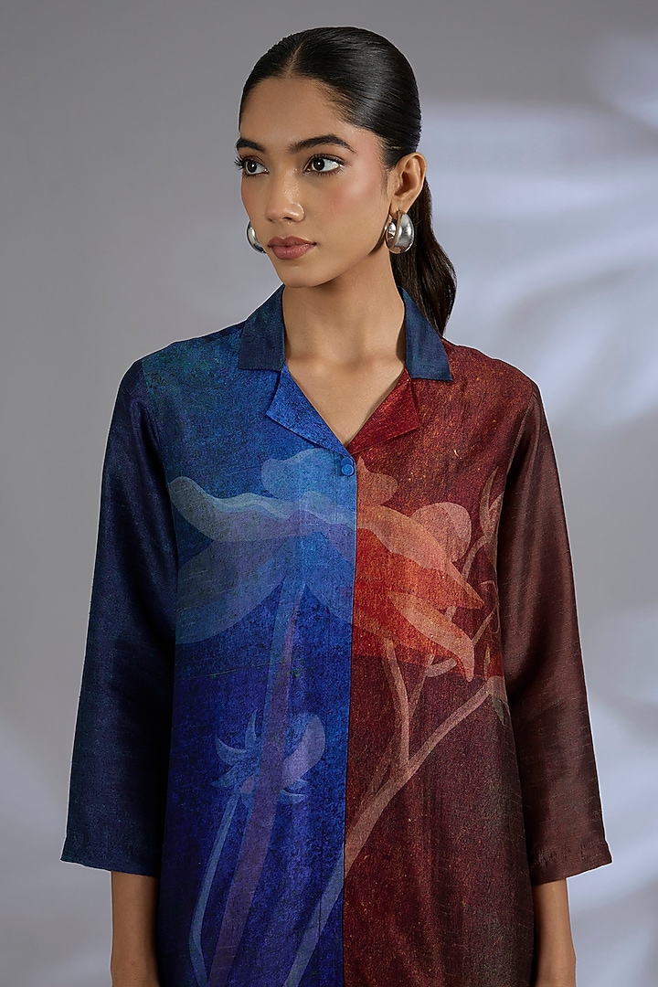 Blue Dupion Silk Asymmetrical Kurta Set by CLOS at Pernia's Pop Up Shop
