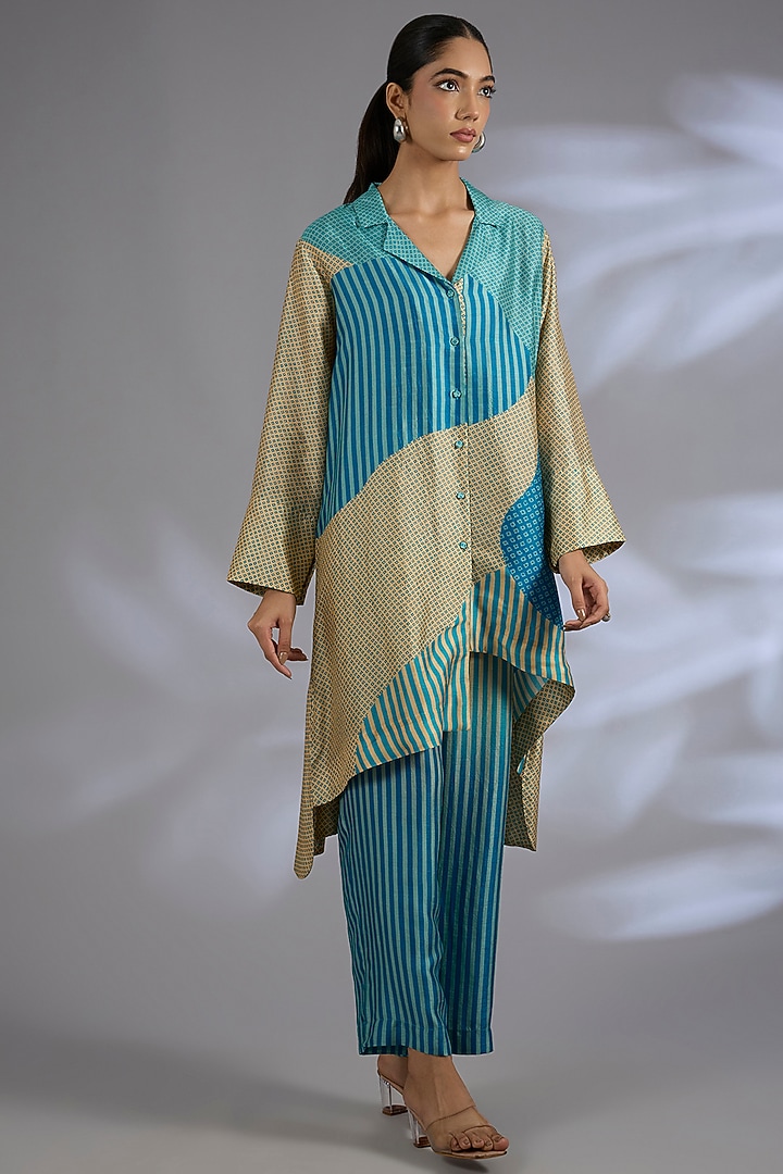 Blue Dupion Silk Asymmetrical Kurta Set by CLOS at Pernia's Pop Up Shop