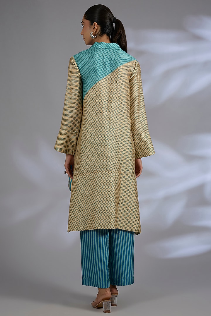 Blue Dupion Silk Asymmetrical Kurta Set by CLOS at Pernia's Pop Up Shop