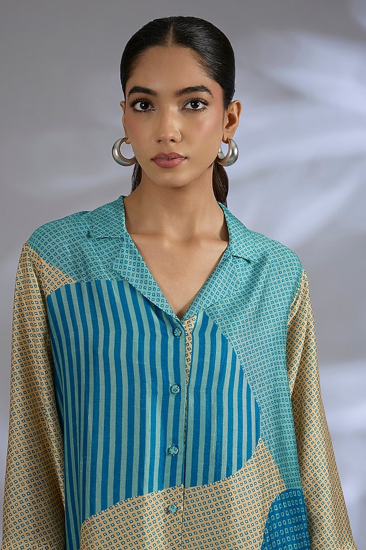 Blue Dupion Silk Asymmetrical Kurta Set by CLOS at Pernia's Pop Up Shop