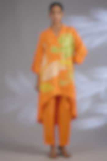 Orange Dupion Silk Asymmetrical Kurta Set by CLOS at Pernia's Pop Up Shop