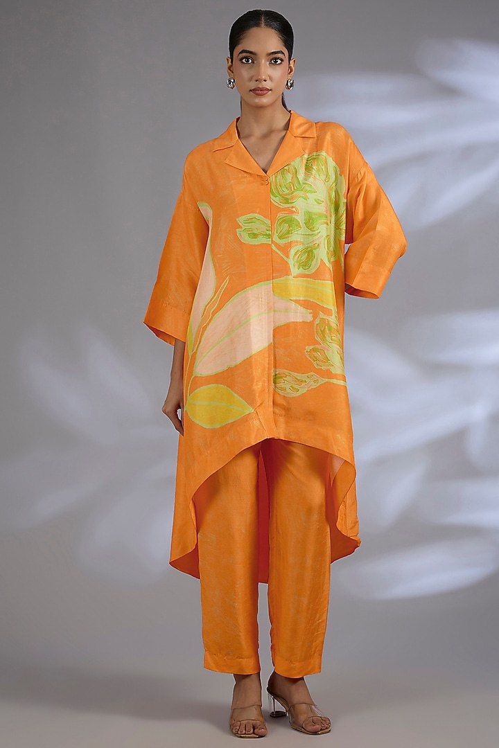 Orange Dupion Silk Asymmetrical Kurta Set by CLOS at Pernia's Pop Up Shop