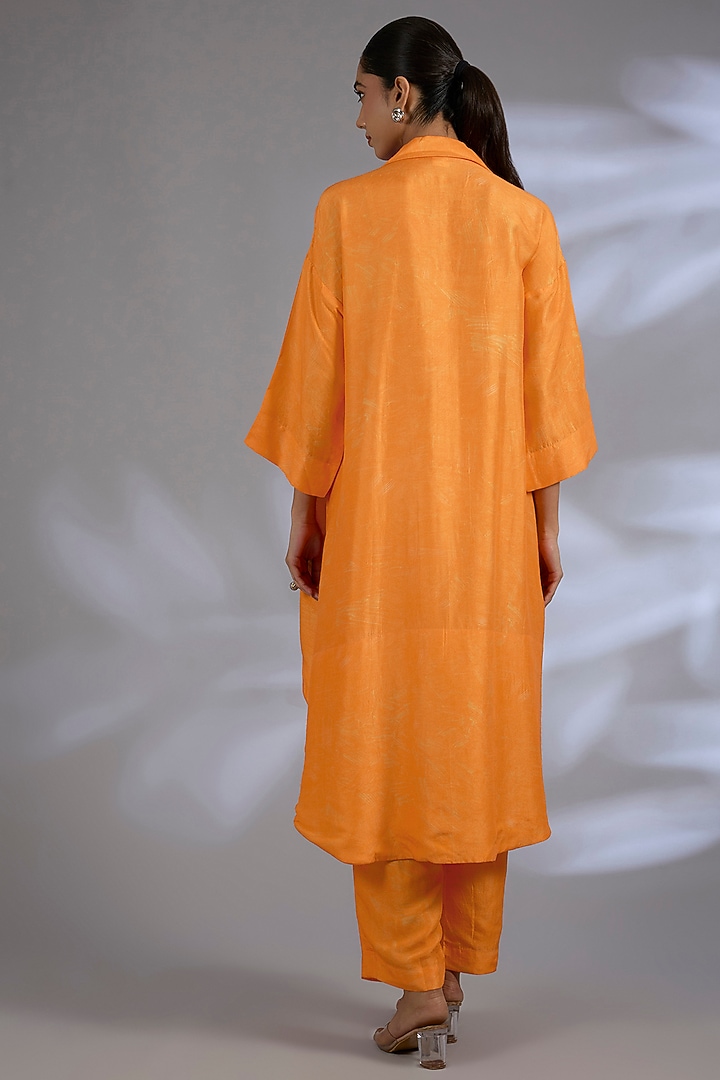 Orange Dupion Silk Asymmetrical Kurta Set by CLOS at Pernia's Pop Up Shop
