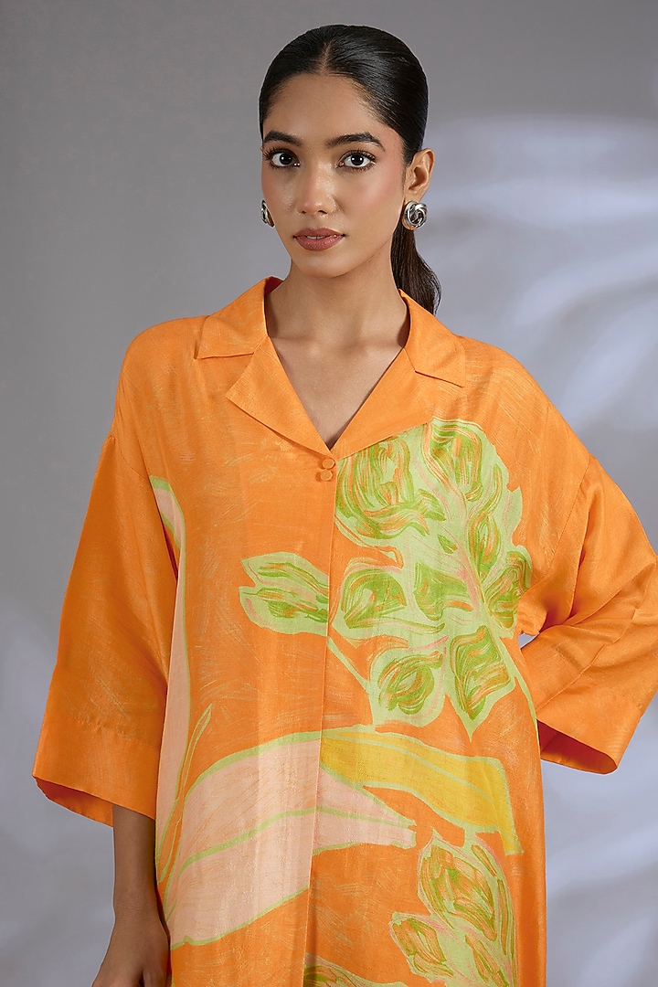 Orange Dupion Silk Asymmetrical Kurta Set by CLOS at Pernia's Pop Up Shop