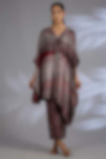 Wine Dupion Silk Asymmetrical Kurta Set by CLOS at Pernia's Pop Up Shop
