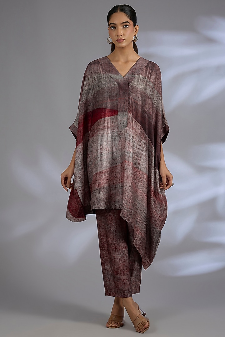 Wine Dupion Silk Asymmetrical Kurta Set by CLOS at Pernia's Pop Up Shop