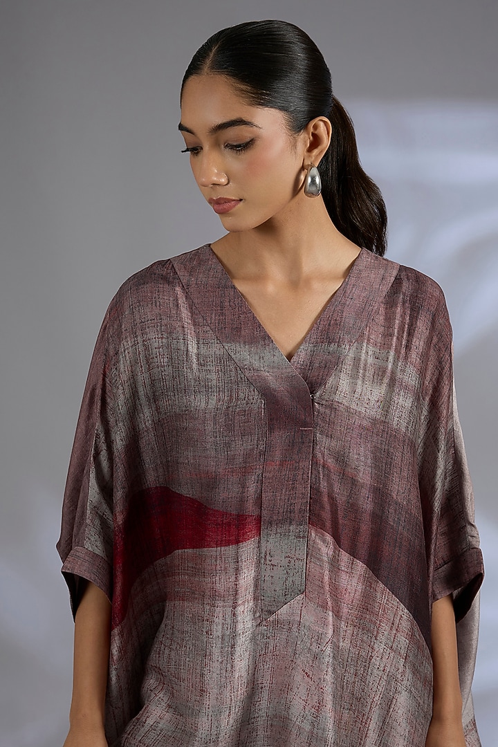Wine Dupion Silk Asymmetrical Kurta Set by CLOS at Pernia's Pop Up Shop