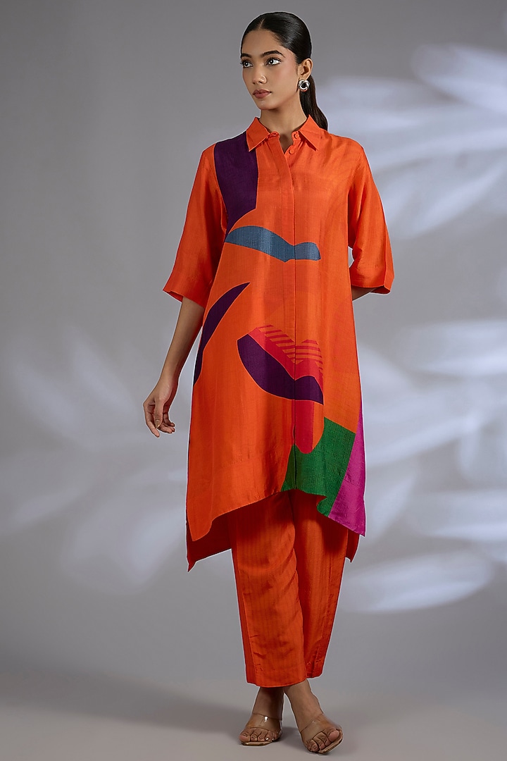 Orange Dupion Silk High-Low Kurta Set by CLOS at Pernia's Pop Up Shop