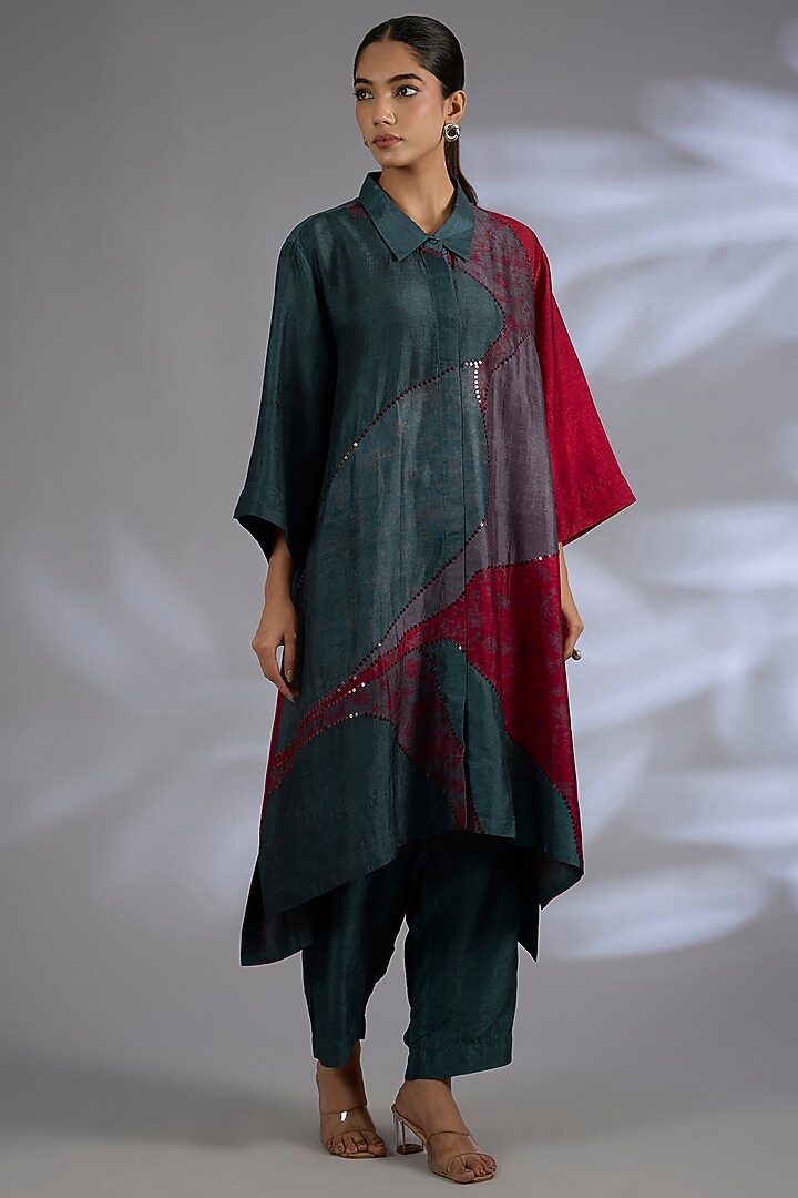 Maroon Dupion Silk High-Low Kurta Set by CLOS at Pernia's Pop Up Shop