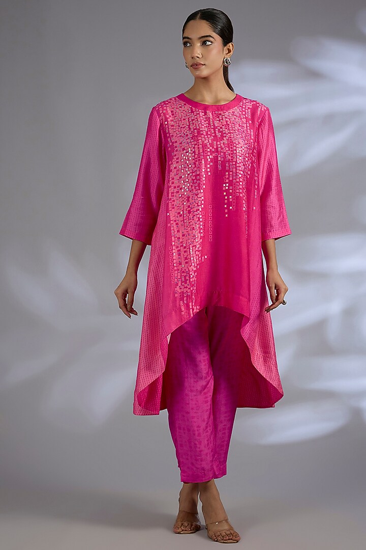 Pink Dupion Silk Asymmetrical Kurta Set by CLOS at Pernia's Pop Up Shop